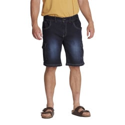 Short Cargo en jean de coton indigo uni aux coutures contrastées