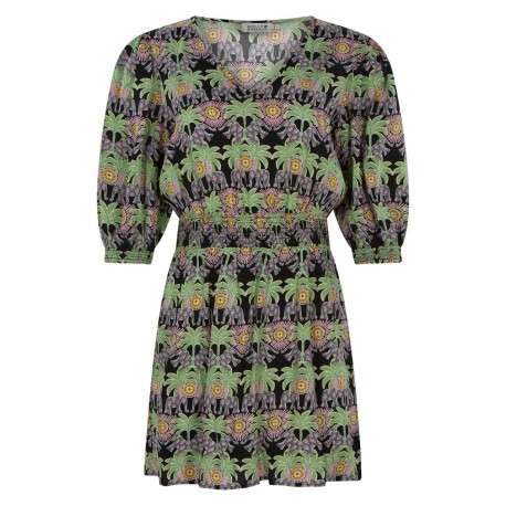 Robe courte noire fleurie avec une coupe évasée col v et à manche 3/4