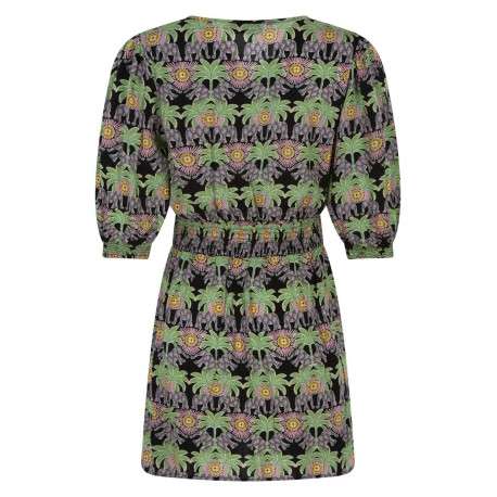 Robe courte noire fleurie avec une coupe évasée col v et à manche 3/4 - Image 2