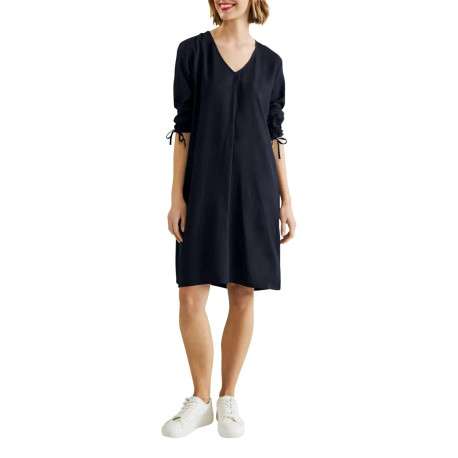 Robe courte marine unie avec manches 3/4 resserrées par un lien - Image 3