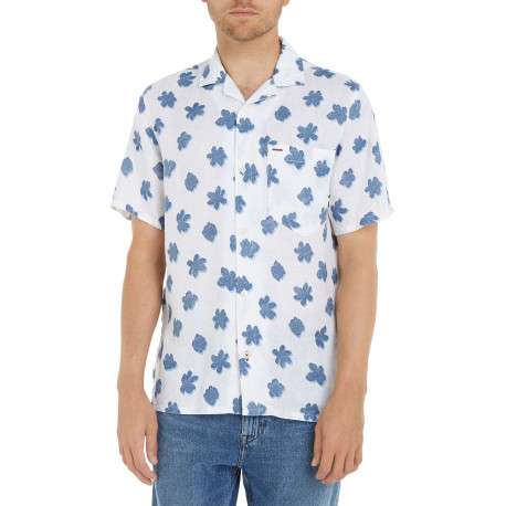 Chemise en lin blanche fleurie avec une coupe droite et un col cubain - Image 3
