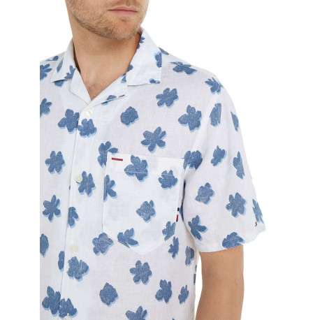 Chemise en lin blanche fleurie avec une coupe droite et un col cubain - Image 5