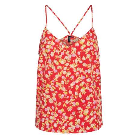 Top à fines bretelles rouge fleuri avec une coupe droite et un col v