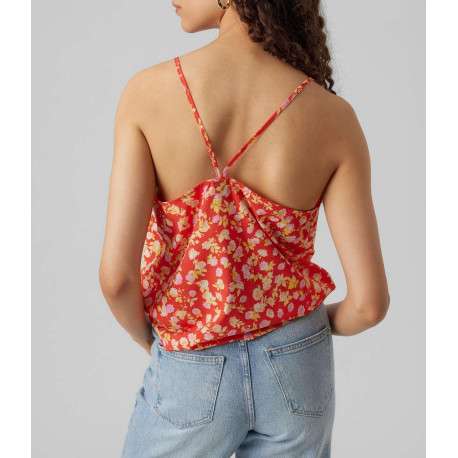 Top à fines bretelles rouge fleuri avec une coupe droite et un col v - Image 2