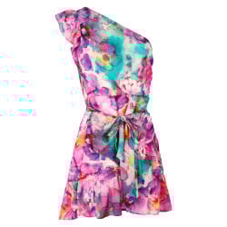 Robe courte asymétrique multicolore imprimé abstrait avec une coupe ajustée