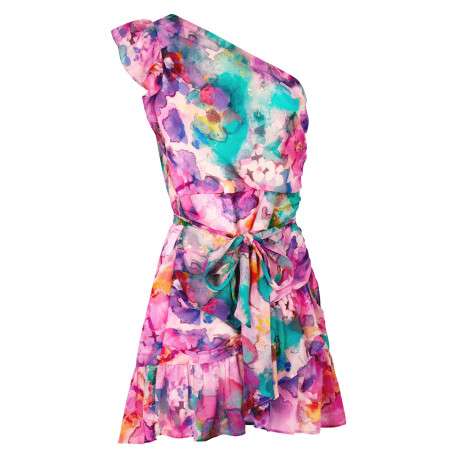Robe courte asymétrique multicolore imprimé abstrait avec une coupe ajustée