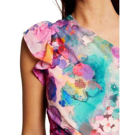 Robe courte asymétrique multicolore imprimé abstrait avec une coupe ajustée - Image 5
