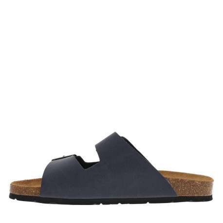 Mules aspect cuir patiné bleu marine, double boucle et semelle en liège résiné
