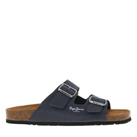 Mules aspect cuir patiné bleu marine, double boucle et semelle en liège résiné - Image 2