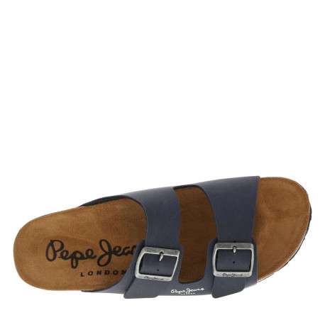 Mules aspect cuir patiné bleu marine, double boucle et semelle en liège résiné - Image 4