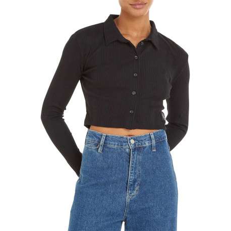 Chemisier en coton noir uni en maille jersey avec des manches longues - Image 9