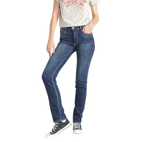Jean Pulp High Regular en coton indigo uni avec une coupe ajustée et des surpiqûres oranges - Image 5