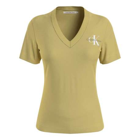 T-shirt en coton jaune uni avec une coupe près du corps et un col v