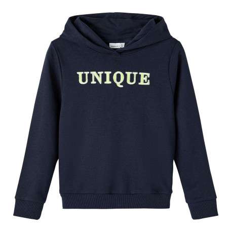 Sweat marine à capuche avec coupe droite et inscription brodé sur la poitrine
