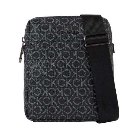 Sacoche noire grainée avec monogramme blanc imprimé et bandoulière réglable