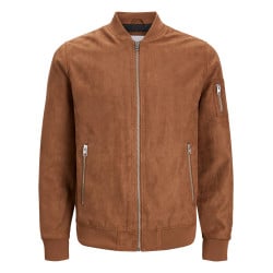 Blouson camel uni avec une coupe droite et un col racer en bord côte