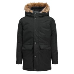 Parka noire unie avec une coupe droite et une capuche à fourrure