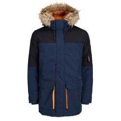 Parka marine et noire avec une coupe droite et une capuche à fourrure