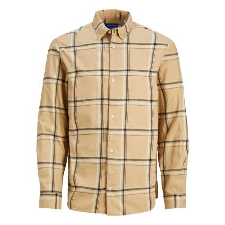 Chemise beige à carreaux en coton avec une coupe droite et un col français