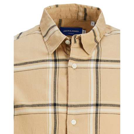 Chemise beige à carreaux en coton avec une coupe droite et un col français - Image 2