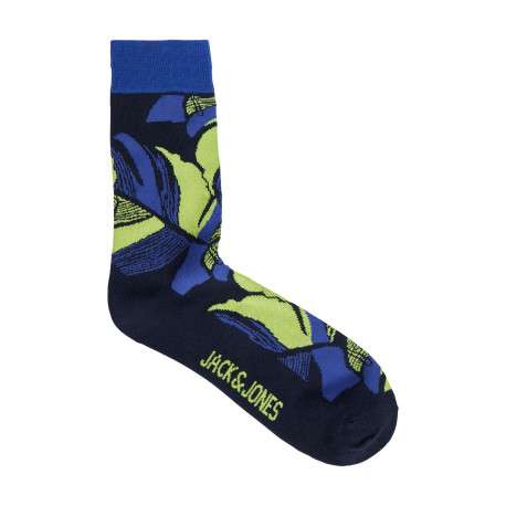 Chaussettes hautes noires à imprimé fleuri vert et bleu et haut de la tige en bord côte