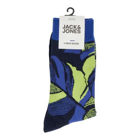 Chaussettes hautes noires à imprimé fleuri vert et bleu et haut de la tige en bord côte - Image 2