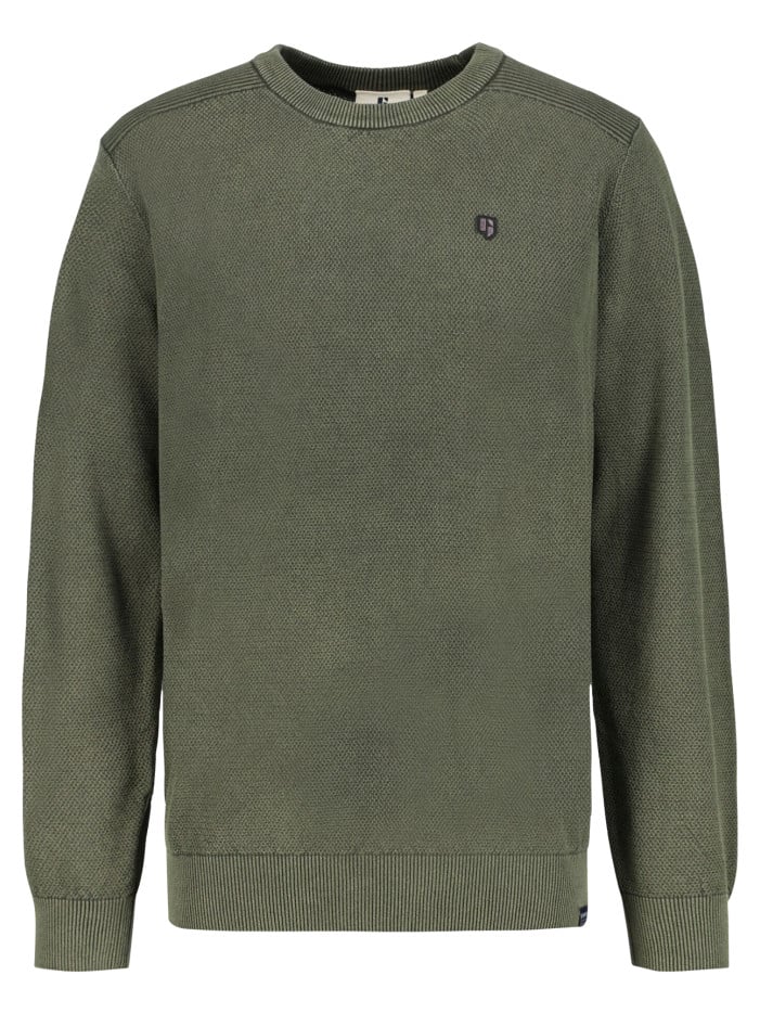 Pull en coton kaki uni avec une coupe droite et un col rond en bord côte