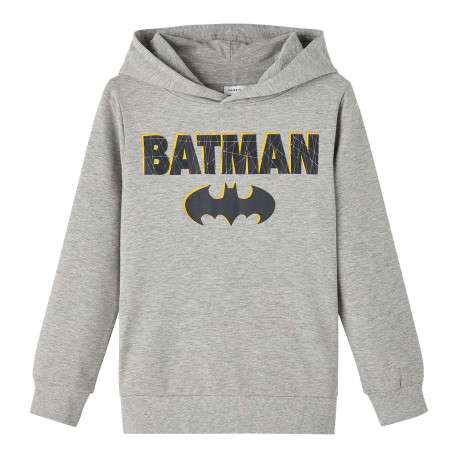 Sweat à capuche en coton gris chiné avec flocage Batman et une coupe droite