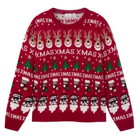 Pull rouge avec une coupe droite un col rond et un imprimé noël
