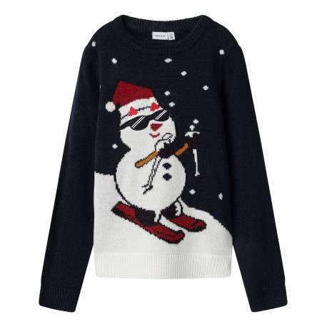 Pull marine imprimé bonhomme de neige avec coupe droite et col rond
