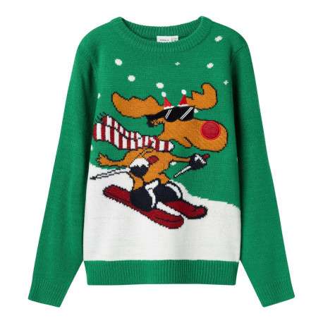 Pull vert imprimé renne de noël avec une coupe droite et un col rond
