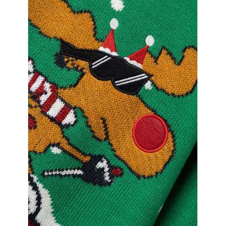 Pull vert imprimé renne de noël avec une coupe droite et un col rond - Image 3