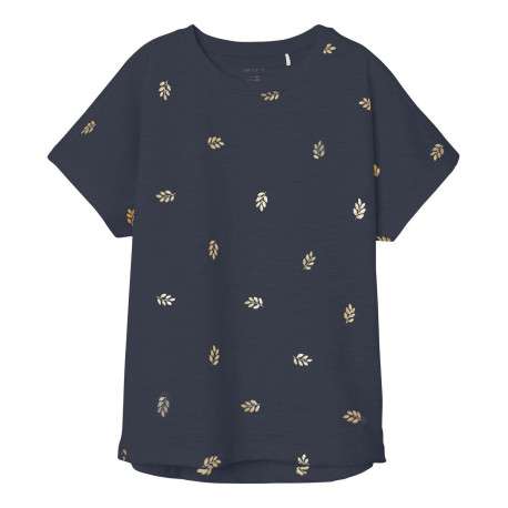 T-shirt marine chiné avec coupe droite col rond et un imprimé feuilles dorées