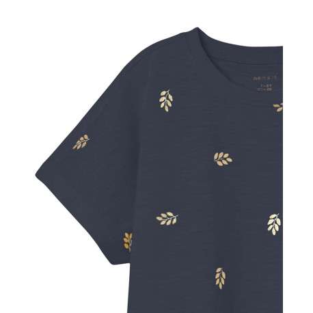 T-shirt marine chiné avec coupe droite col rond et un imprimé feuilles dorées - Image 3