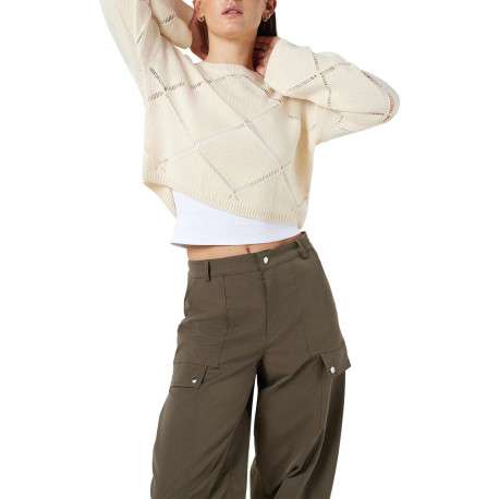 Pull écru uni avec motifs losanges ajourés et à manches longues - Image 5