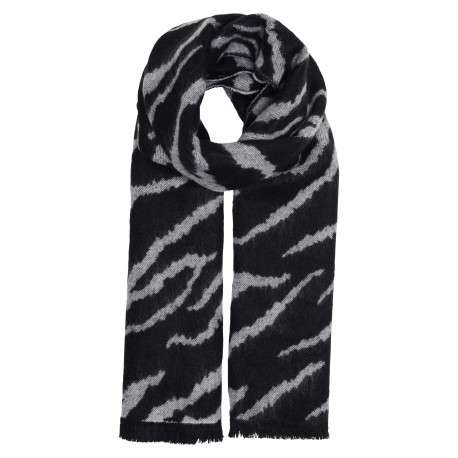 Echarpe noire à imprimé zebré gris clair et franges noires aux extrémités