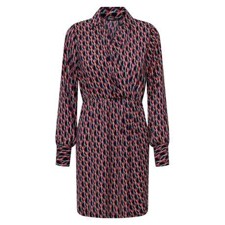 Robe courte rouge imprimé abstrait avec une coupe droite et un col cache-coeur