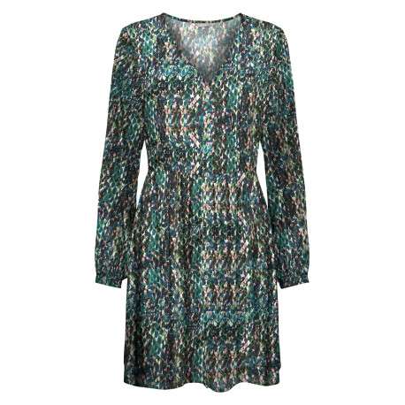 Robe courte verte imprimé abstrait à coupe fluide col v et à manches longues