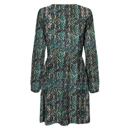 Robe courte verte imprimé abstrait à coupe fluide col v et à manches longues - Image 2