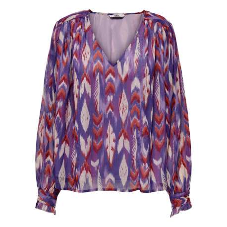 Blouse violette imprimé abstrait à coupe droite col v et à manches longues