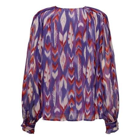Blouse violette imprimé abstrait à coupe droite col v et à manches longues - Image 3