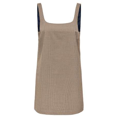 Robe courte marron à bretelles imprimé pied de poule à coupe droite et col carré