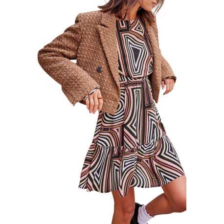 Blazer camel en tweed à coupe cropped col cranté et à manches longues - Image 3