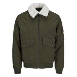 Blouson zippé kaki uni avec une coupe bombers et un col sherpa