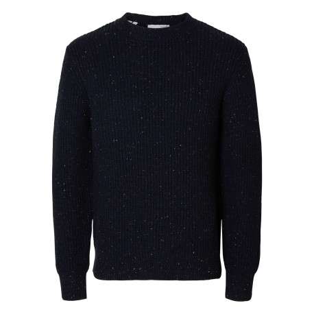 Pull marine uni avec une coupe droite et un col rond en bord côte