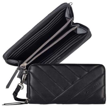 Portefeuille matelassé zippé couvert de tissu noir satiné brillant - Image 3