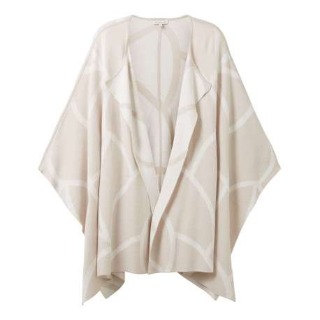 Pancho fantaisie en viscose beige à lignes écrues, col V à revers