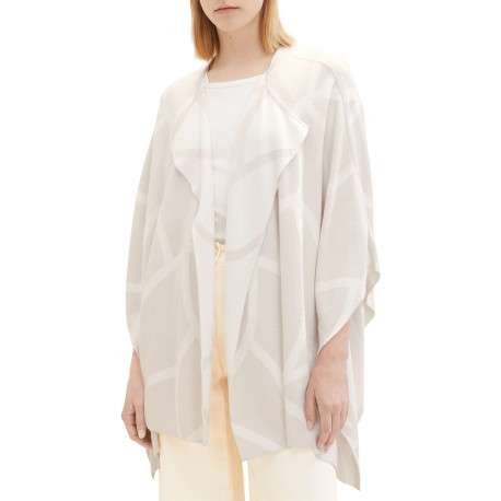 Pancho fantaisie en viscose beige à lignes écrues, col V à revers - Image 3