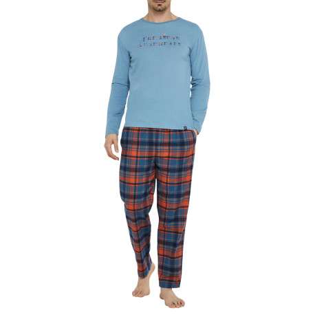 Pyjama long en coton bleu à carreaux avec une coupe droite et un col rond