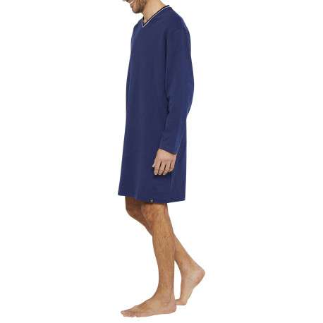 Pyjama T-Shirt De Nuit en coton marine uni avec une coupe droite et un col V - Image 2